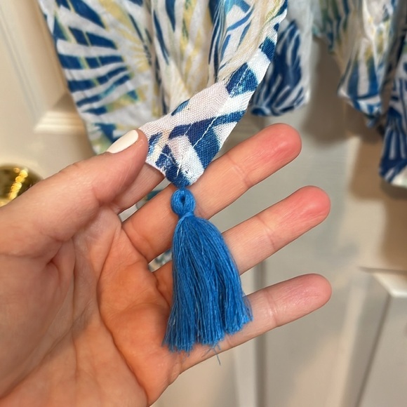 Chicos Kimono Open Front Tassels Blue White Yellow Rayon Small Medium Coastal - Picture 3 of 7